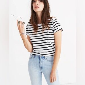 Madewell Striped Tie Back T Shirt Womens Medium Black White Cotton Crewneck Chic